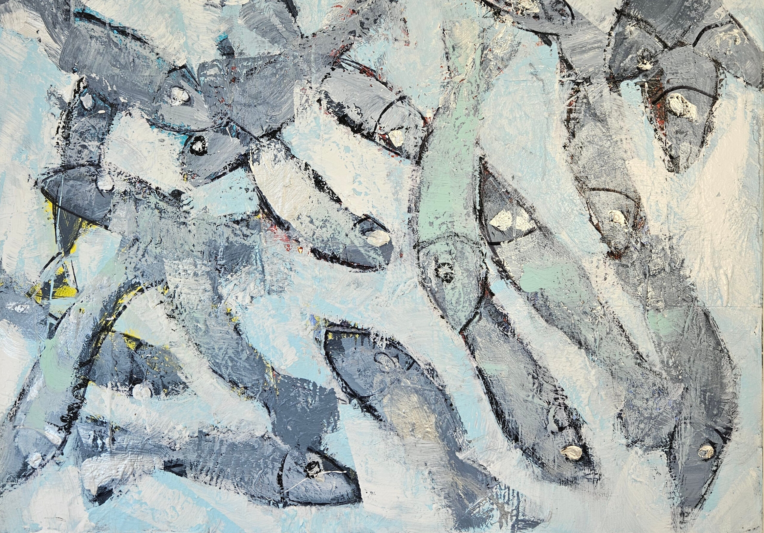 Poisson gris foncé sur fond bleu clair peinture acrylique sur toile 100x100cm – Image 3