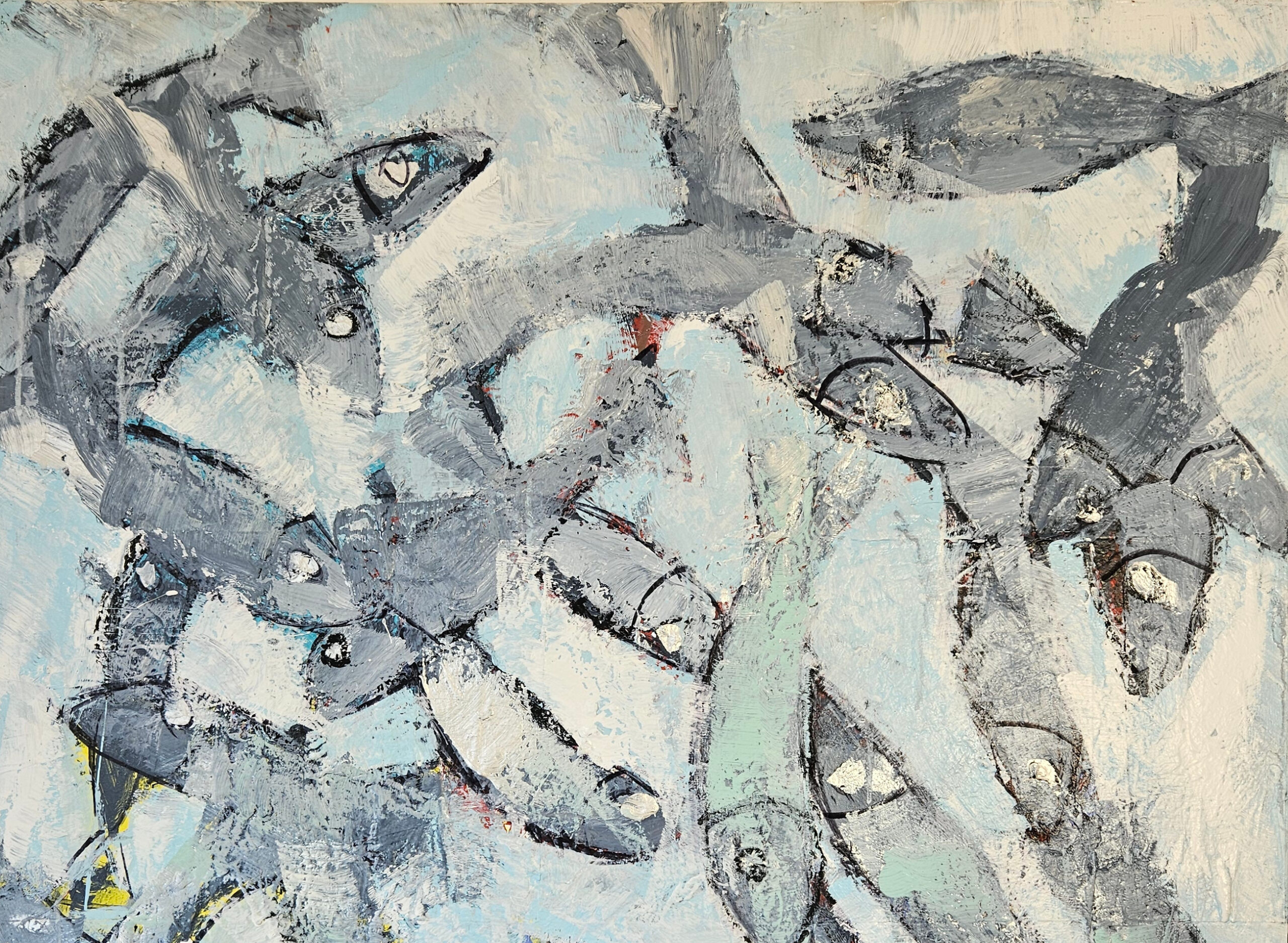 Poisson gris foncé sur fond bleu clair peinture acrylique sur toile 100x100cm – Image 4