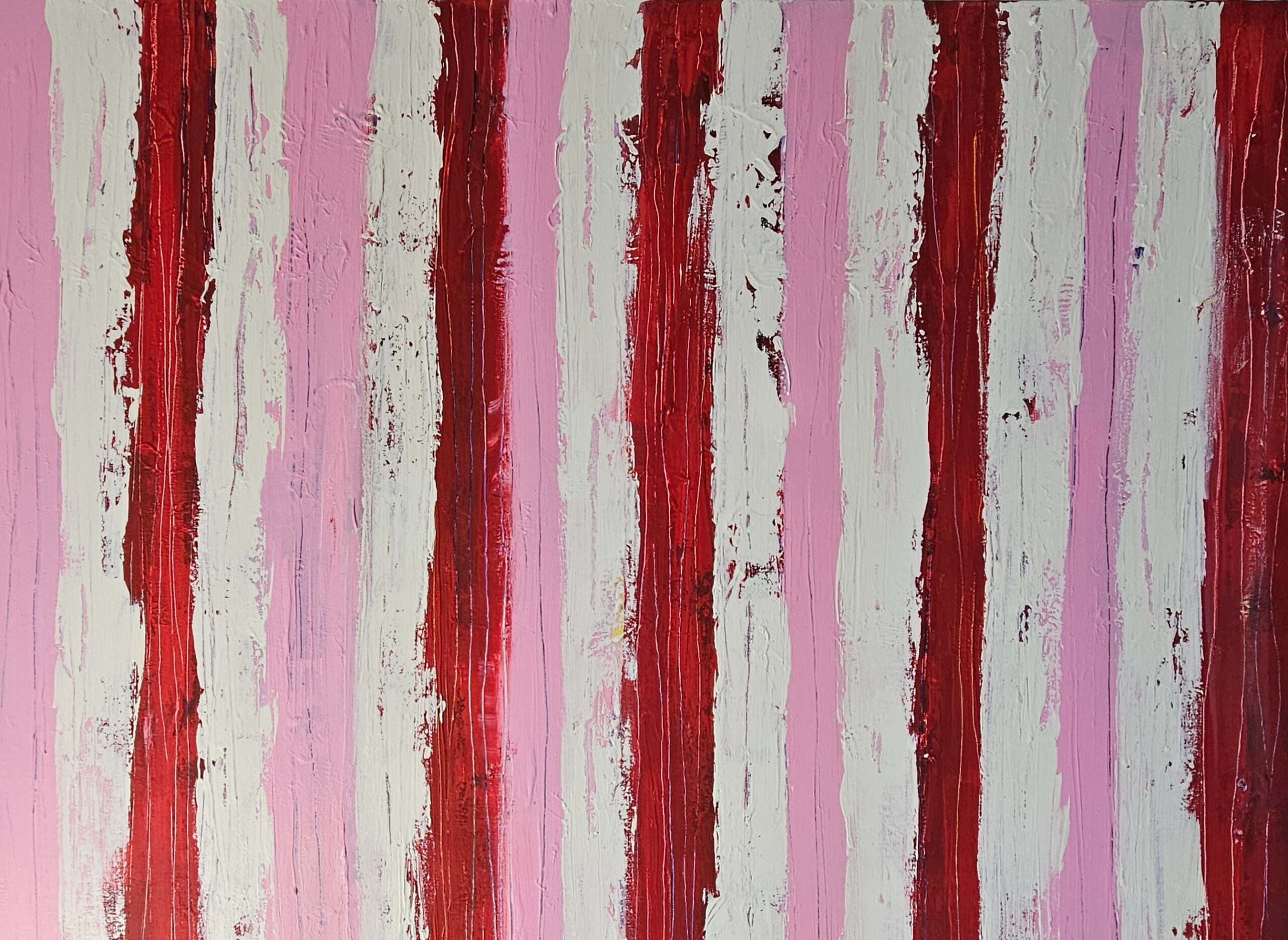 Bandes rouges roses : peinture acrylique contemporaine sur toile 100x100cm – Image 4