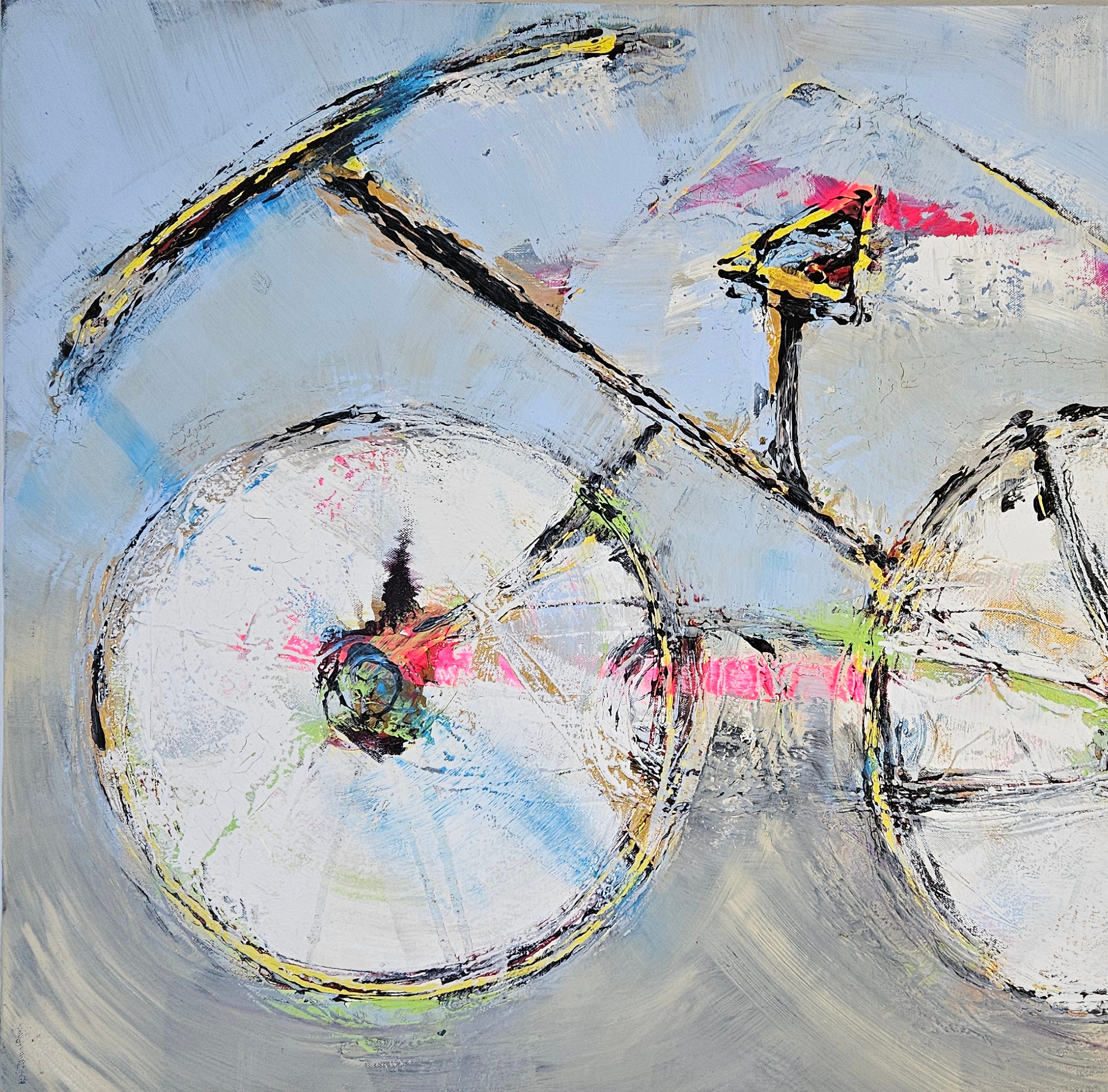 Vélo noir et rose peinture acrylique moderne sur toile 116x89cm – Image 3