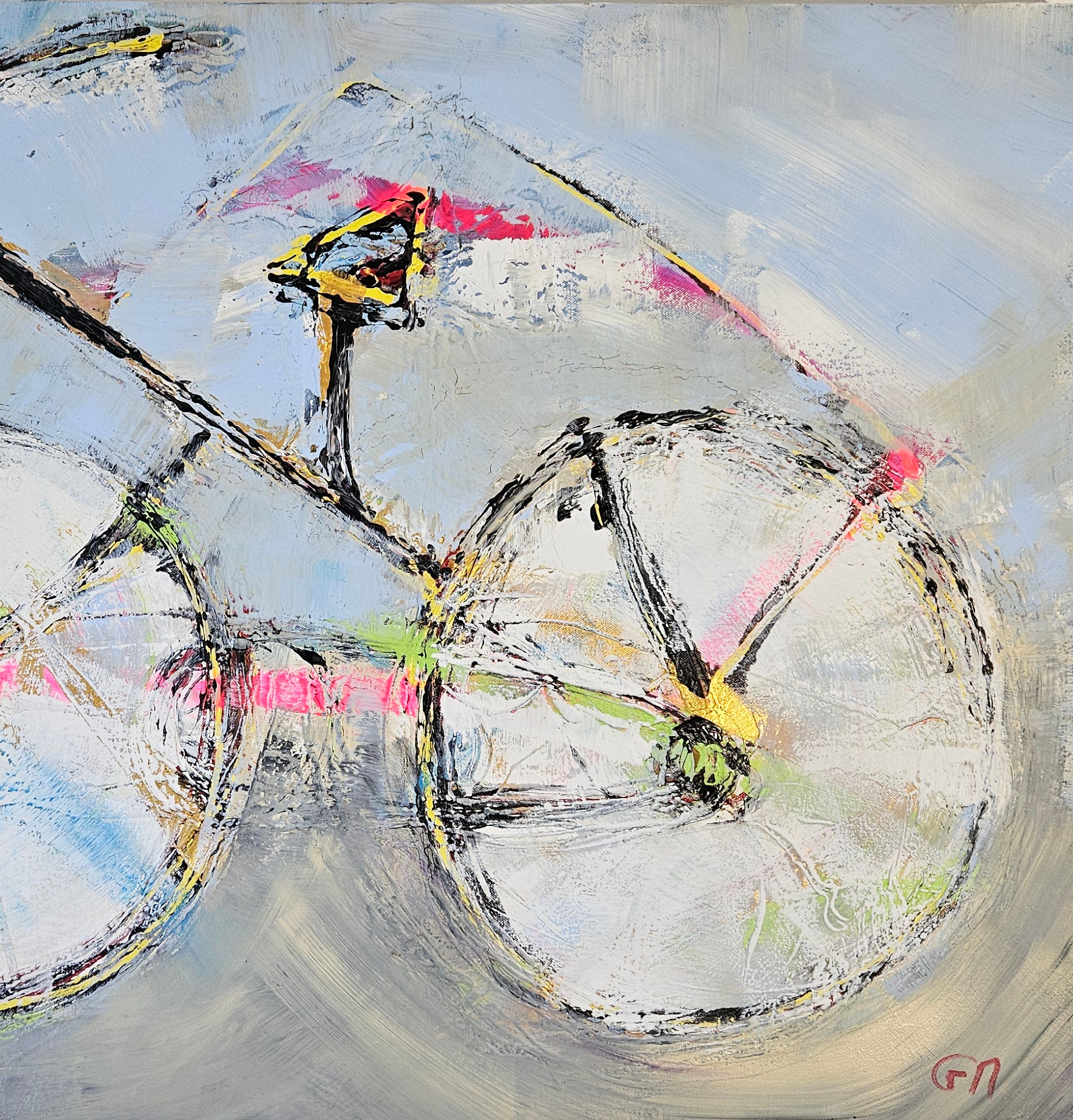 Vélo noir et rose peinture acrylique moderne sur toile 116x89cm – Image 4