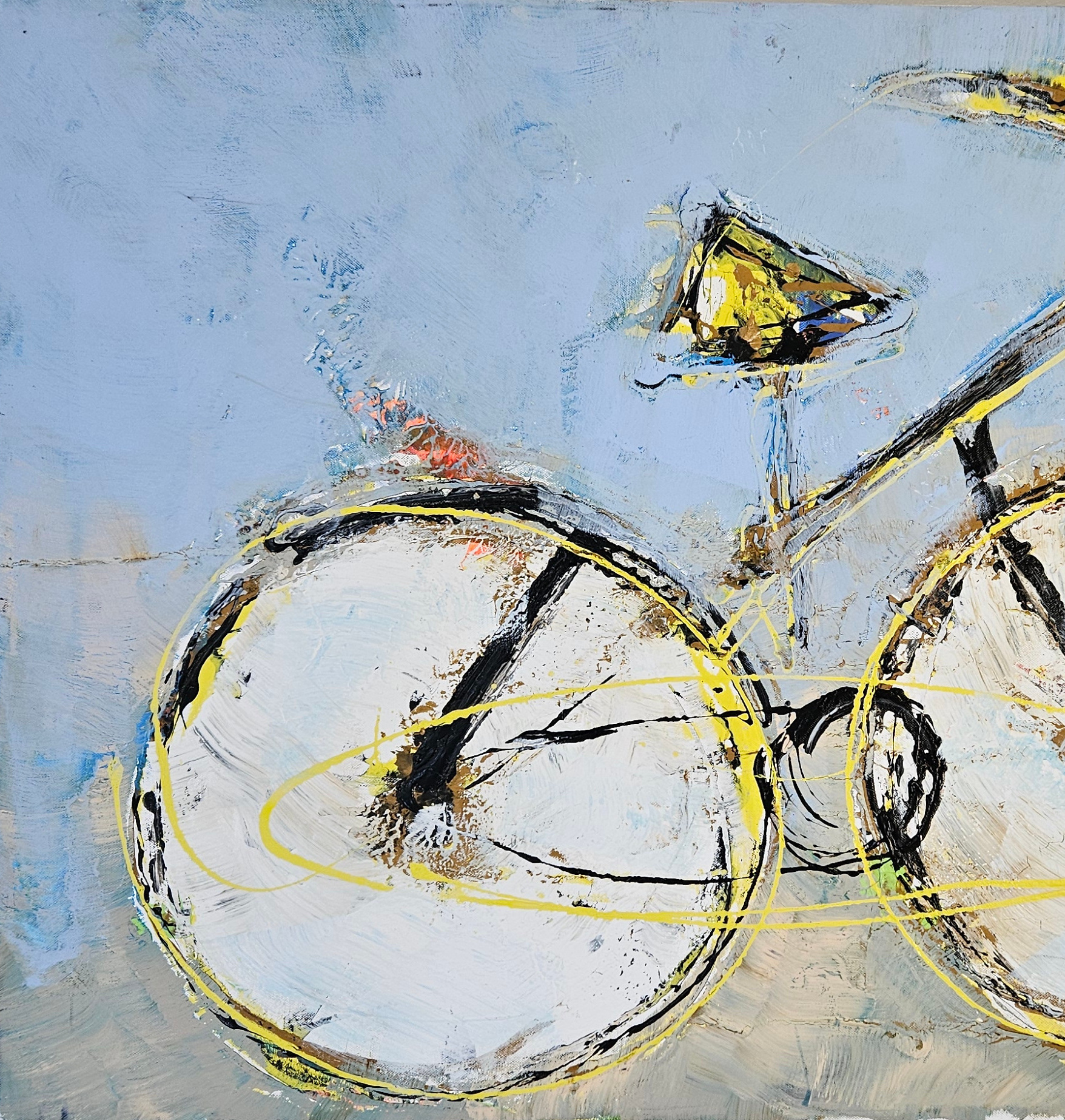 Vélo jaune et noir peinture acrylique moderne sur toile 116x89cm – Image 3