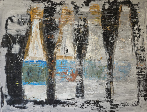 Peinture abstraite, bouteilles de vin, acrylique sur toile 116x89cm