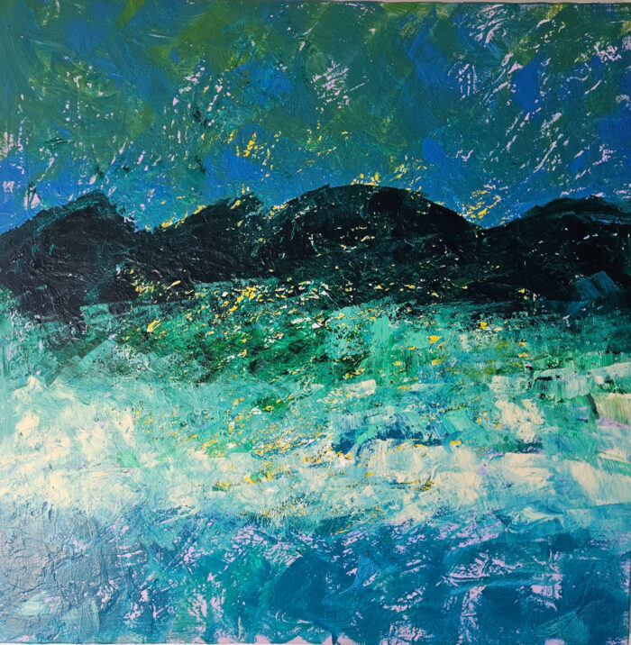 Paysage en vert et bleu peinture moderne acrylique sur toile 100x100cm