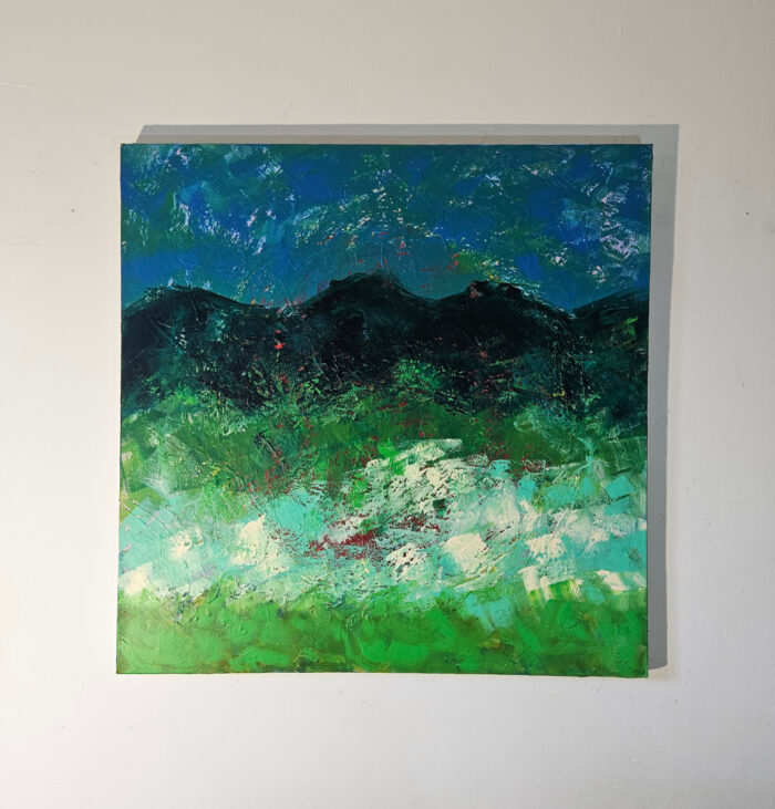 Paysage en vert et bleu 2 peinture moderne acrylique sur toile 100x100cm – Image 2