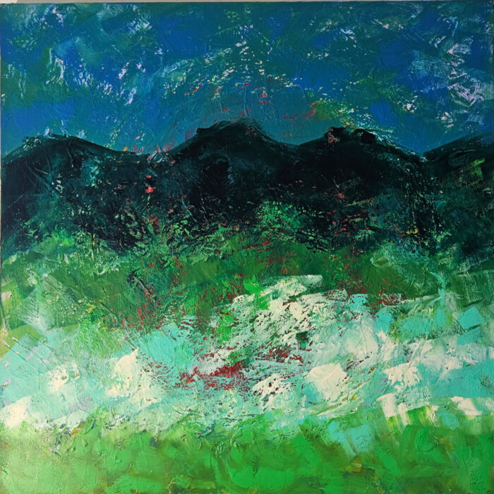 Paysage en vert et bleu 2 peinture moderne acrylique sur toile 100x100cm