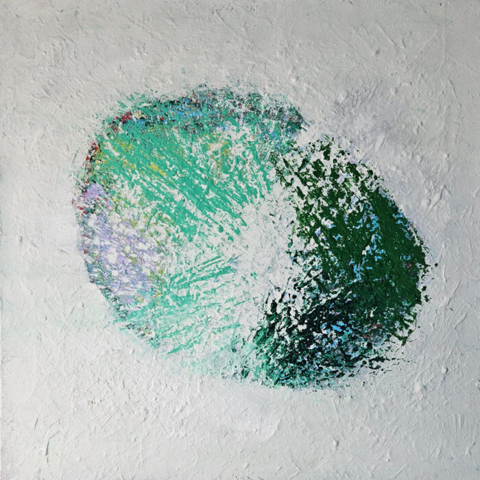 Abstraction en vert peinture acrylique et collage sur toile100x100cm