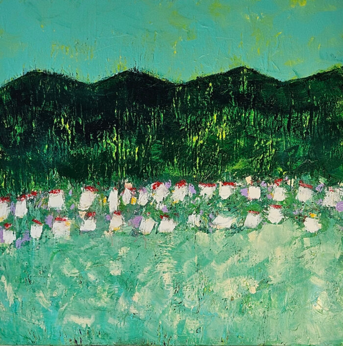 Paysage en vert et bleu avec maisons blanches 2 peinture moderne acrylique sur toile 100x100cm