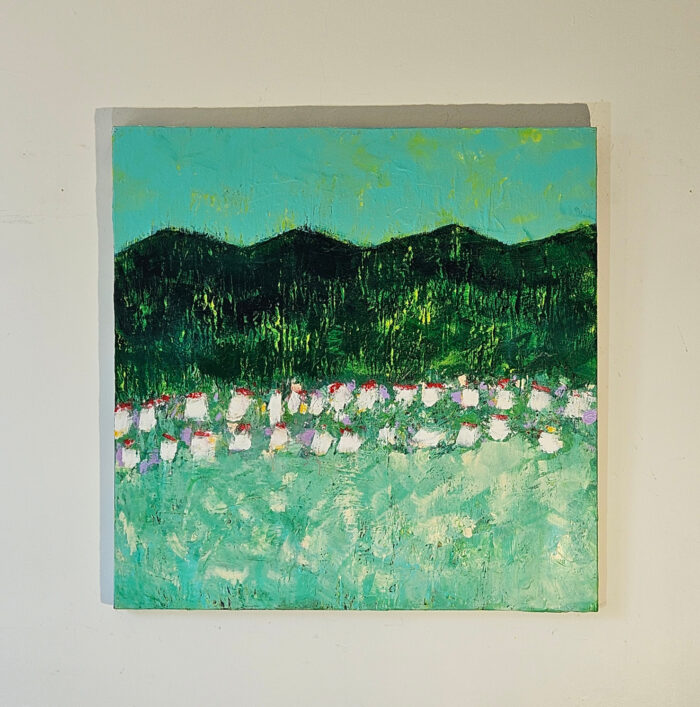 Paysage en vert et bleu avec maisons blanches 2 peinture moderne acrylique sur toile 100x100cm – Image 2