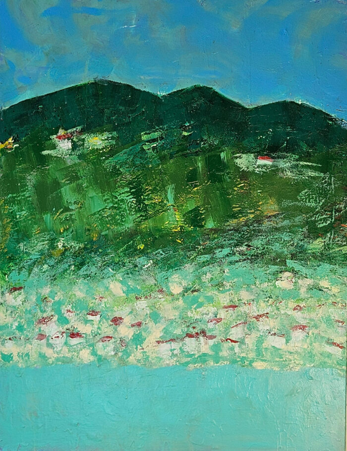 Paysage en vert et bleu avec maisons blanches 3 peinture moderne acrylique sur toile 116x89cm