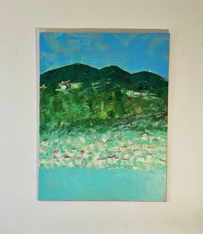 Paysage en vert et bleu avec maisons blanches 3 peinture moderne acrylique sur toile 116x89cm – Image 2