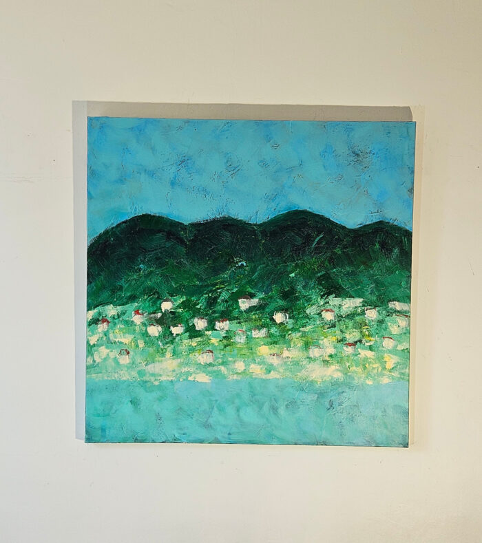 Paysage en vert et bleu avec maisons blanches peinture moderne acrylique sur toile 100x100cm – Image 2