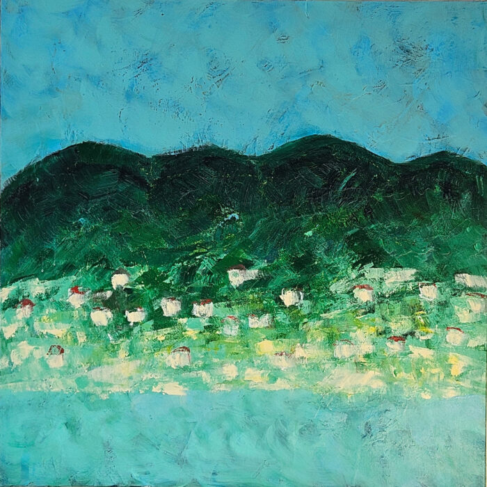 Paysage en vert et bleu avec maisons blanches peinture moderne acrylique sur toile 100x100cm