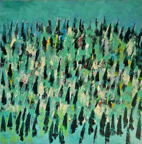 Paysage en vert et bleu avec des sapins peinture moderne acrylique sur toile 100x100cm