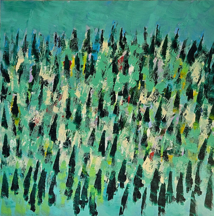 Paysage en vert et bleu avec des sapins peinture moderne acrylique sur toile 100x100cm