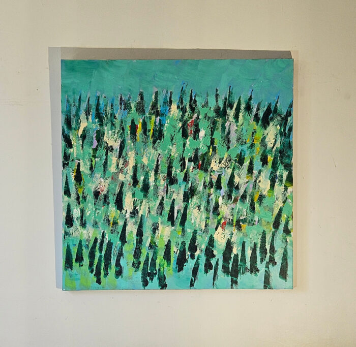 Paysage en vert et bleu avec des sapins peinture moderne acrylique sur toile 100x100cm – Image 2