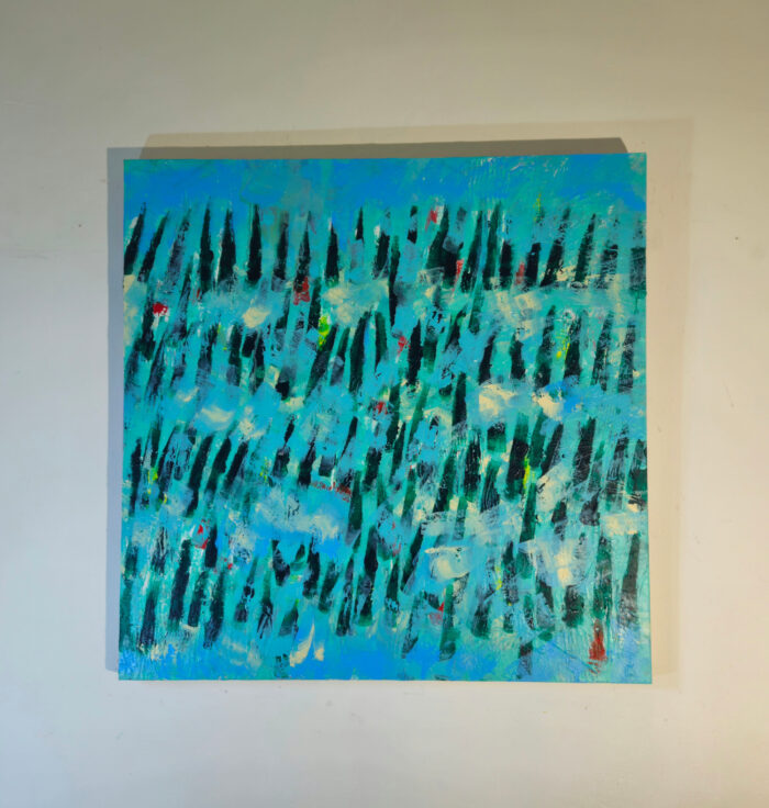 Paysage en bleu avec des sapins peinture moderne acrylique sur toile 100x100cm – Image 2