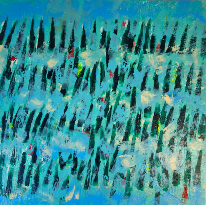 Paysage en bleu avec des sapins peinture moderne acrylique sur toile 100x100cm