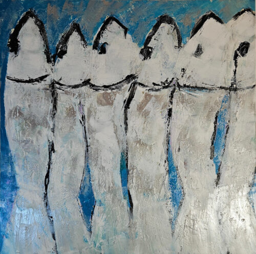 Sardines blanches sur fond bleu, peinture acrylique sur toile 100x100cm