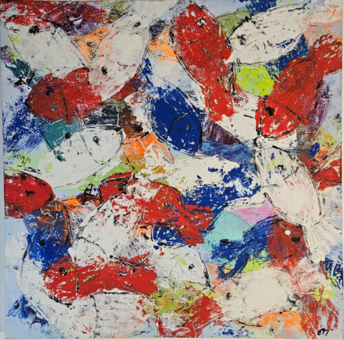Poissons blancs, rouges bleus, peinture acrylique sur toile 100x100cm