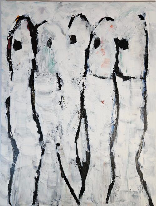 Sardines blanches sur fond blanc, peinture acrylique sur toile 116x89cm