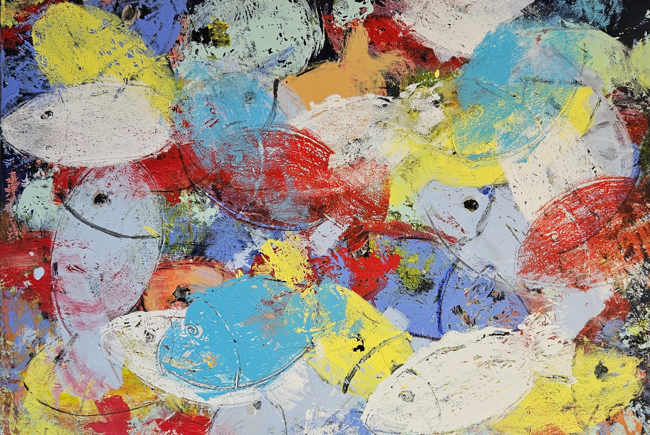 Poissons jaunes, rouges, bleus, blancs, peinture acrylique sur toile 100x100cm – Image 3