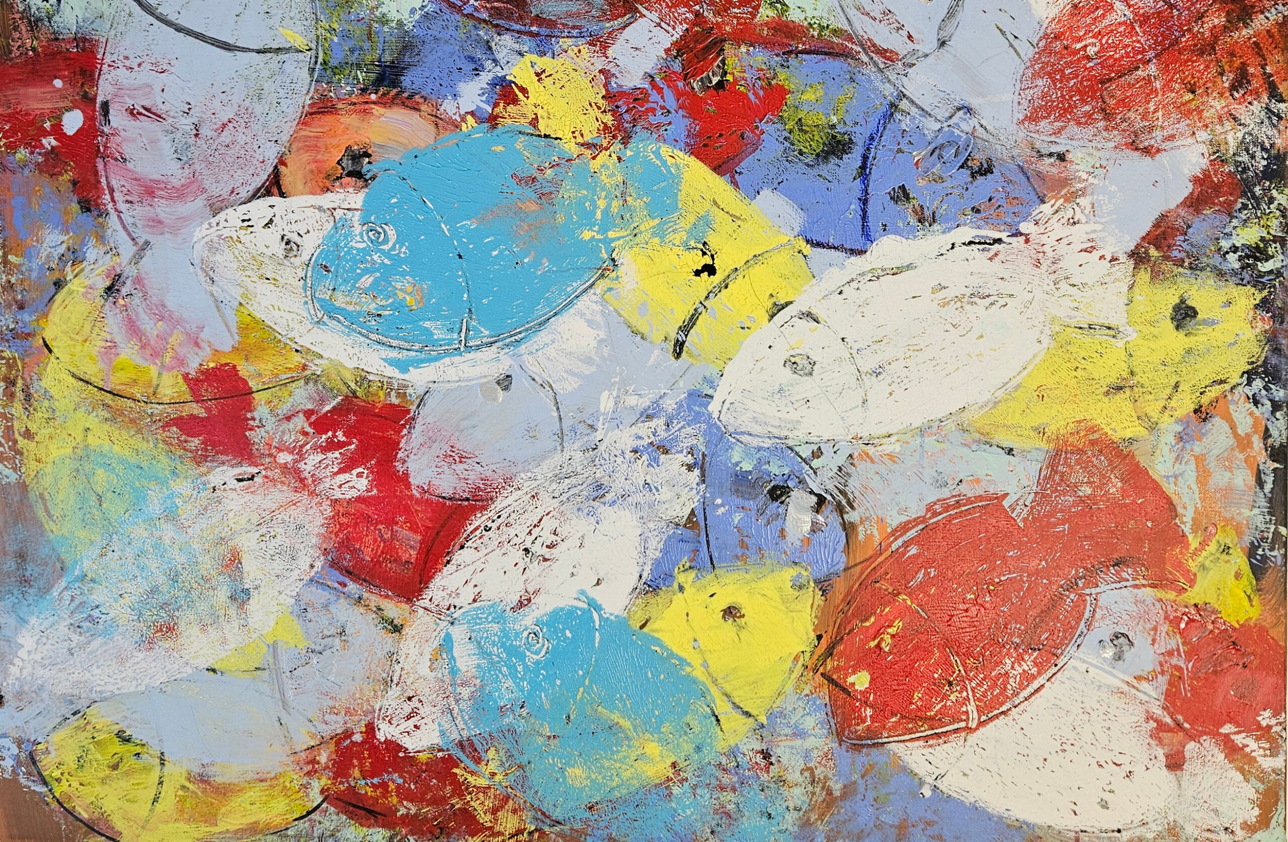 Poissons jaunes, rouges, bleus, blancs, peinture acrylique sur toile 100x100cm – Image 4