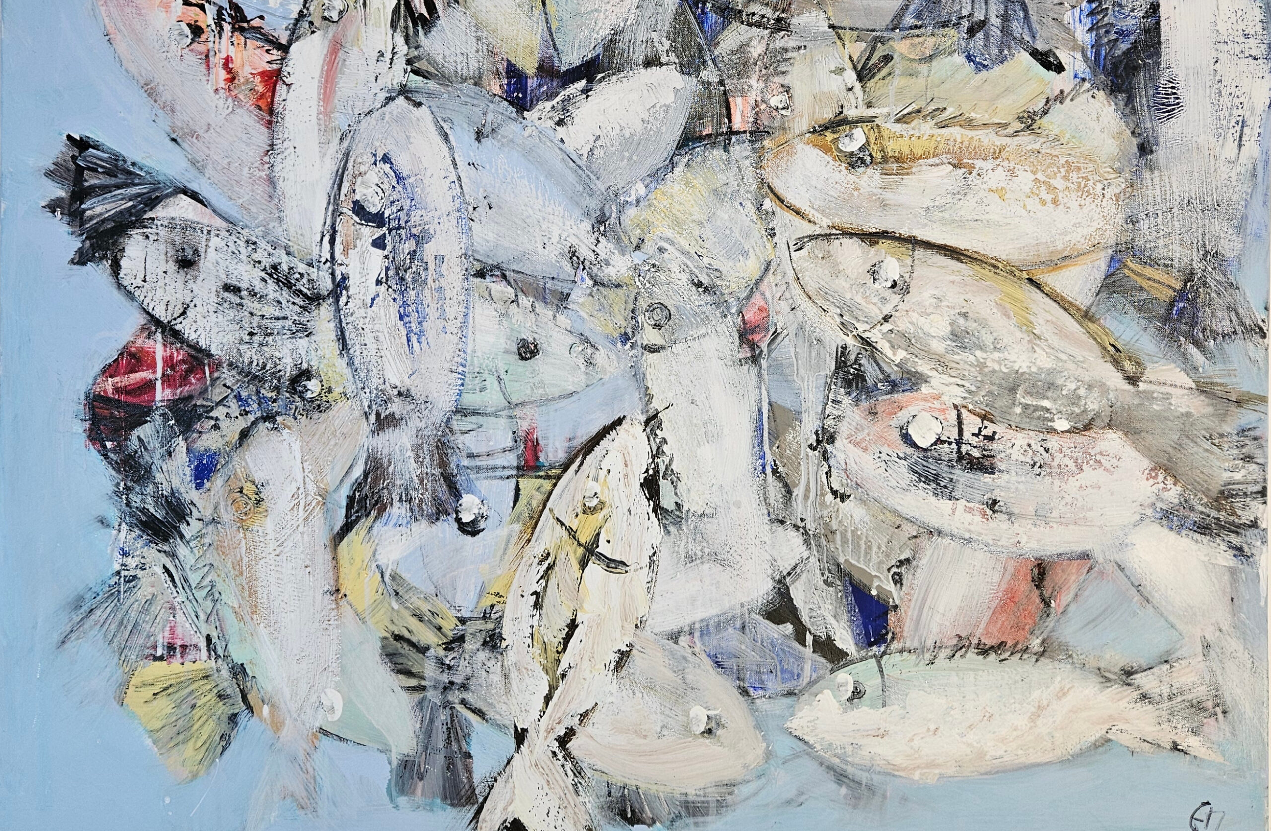 Poissons blancs sur fond bleu, peinture acrylique sur toile 100x100cm – Image 3