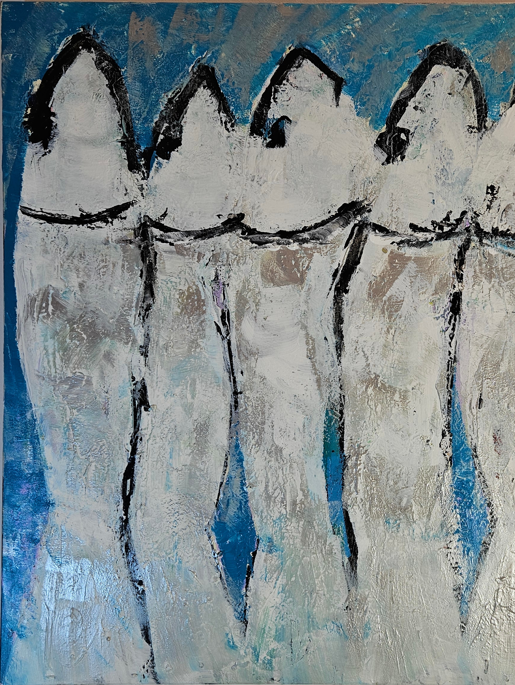 Sardines blanches sur fond bleu, peinture acrylique sur toile 100x100cm – Image 3