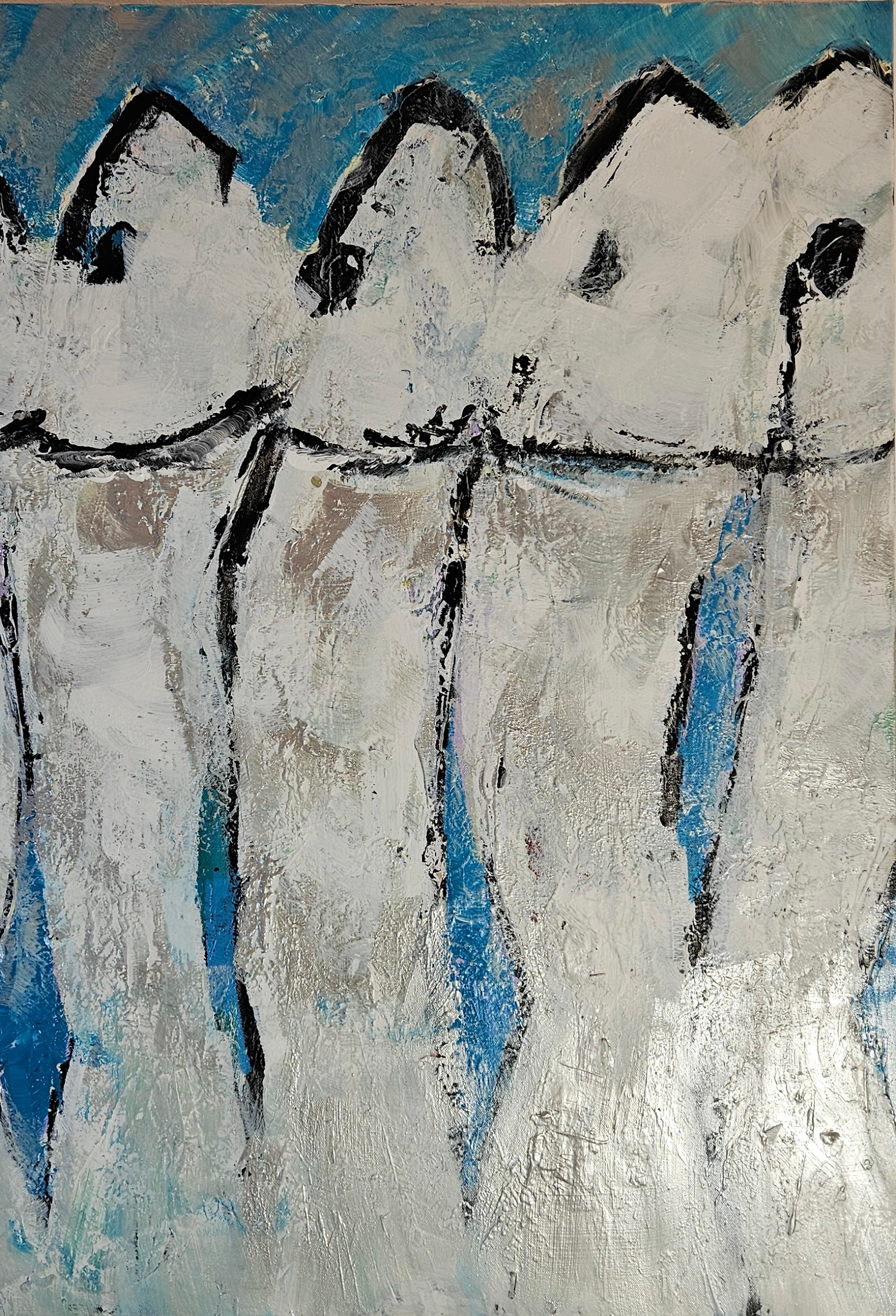 Sardines blanches sur fond bleu, peinture acrylique sur toile 100x100cm – Image 4