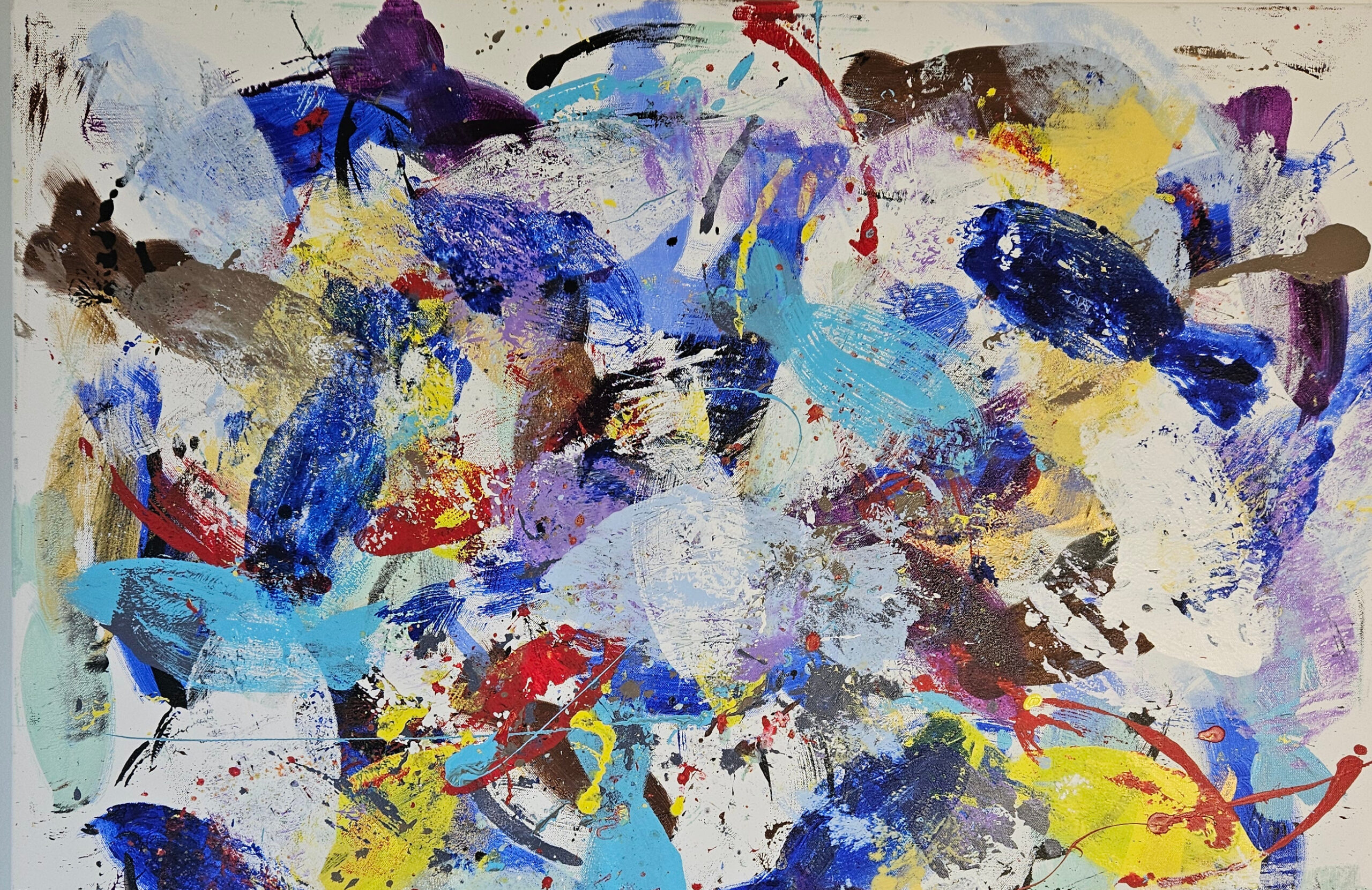 Poissons abstraits bleus et violets peinture acrylique sur toile 100x100cm – Image 3