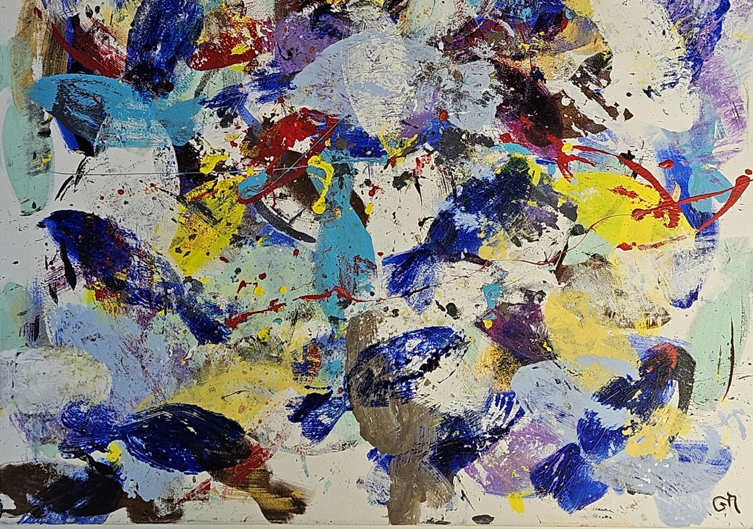 Poissons abstraits bleus et violets peinture acrylique sur toile 100x100cm – Image 4