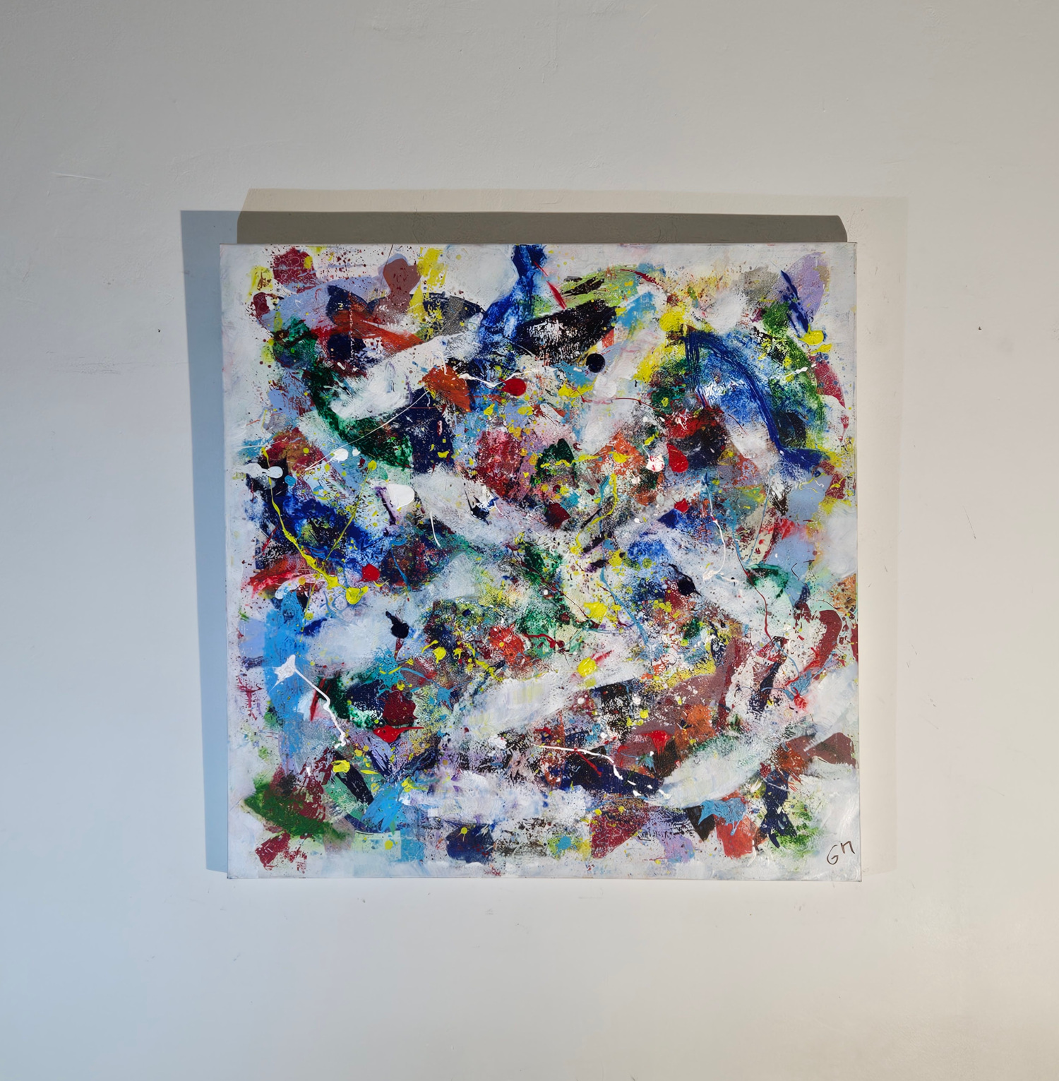 Poissons abstraits bleus et verts peinture acrylique sur toile 100x100cm – Image 2