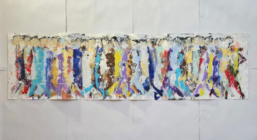 Hommes qui marchent, foule, personnages, peinture acrylique sur papier cartonné 33x110cm P1