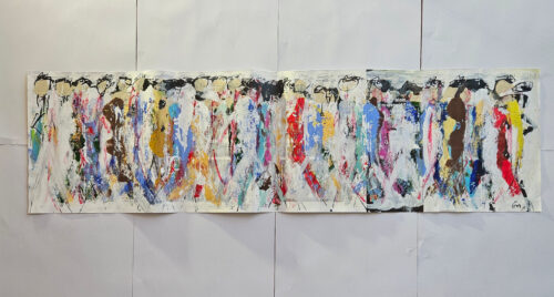 Hommes qui marchent, foule, personnages, peinture acrylique sur papier cartonné 33x110cm P4