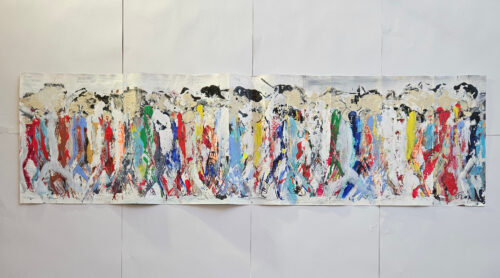 Hommes qui marchent, foule, personnages, peinture acrylique sur papier cartonné 33x110cm P5