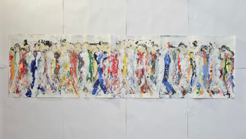 Hommes qui marchent, foule, personnages, peinture acrylique sur papier cartonné 33x110cm P6