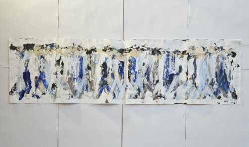 Hommes qui marchent, foule, personnages, peinture acrylique sur papier cartonné 33x110cm P7