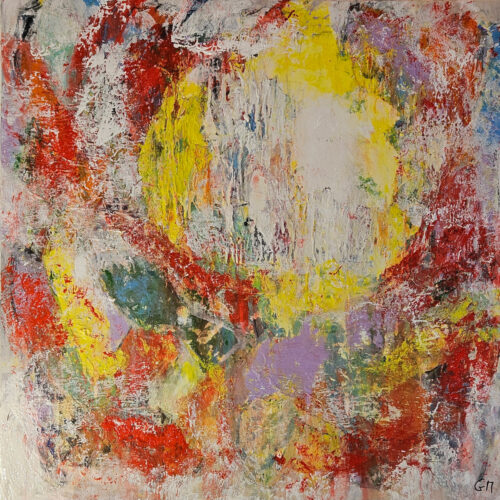 Abstraction, poissons rouges et jaunes collage et acrylique sur toile 100x100cm