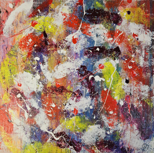 Poissons abstraits rouges blancs jaunes bordeaux, acrylique sur toile 100x100cm