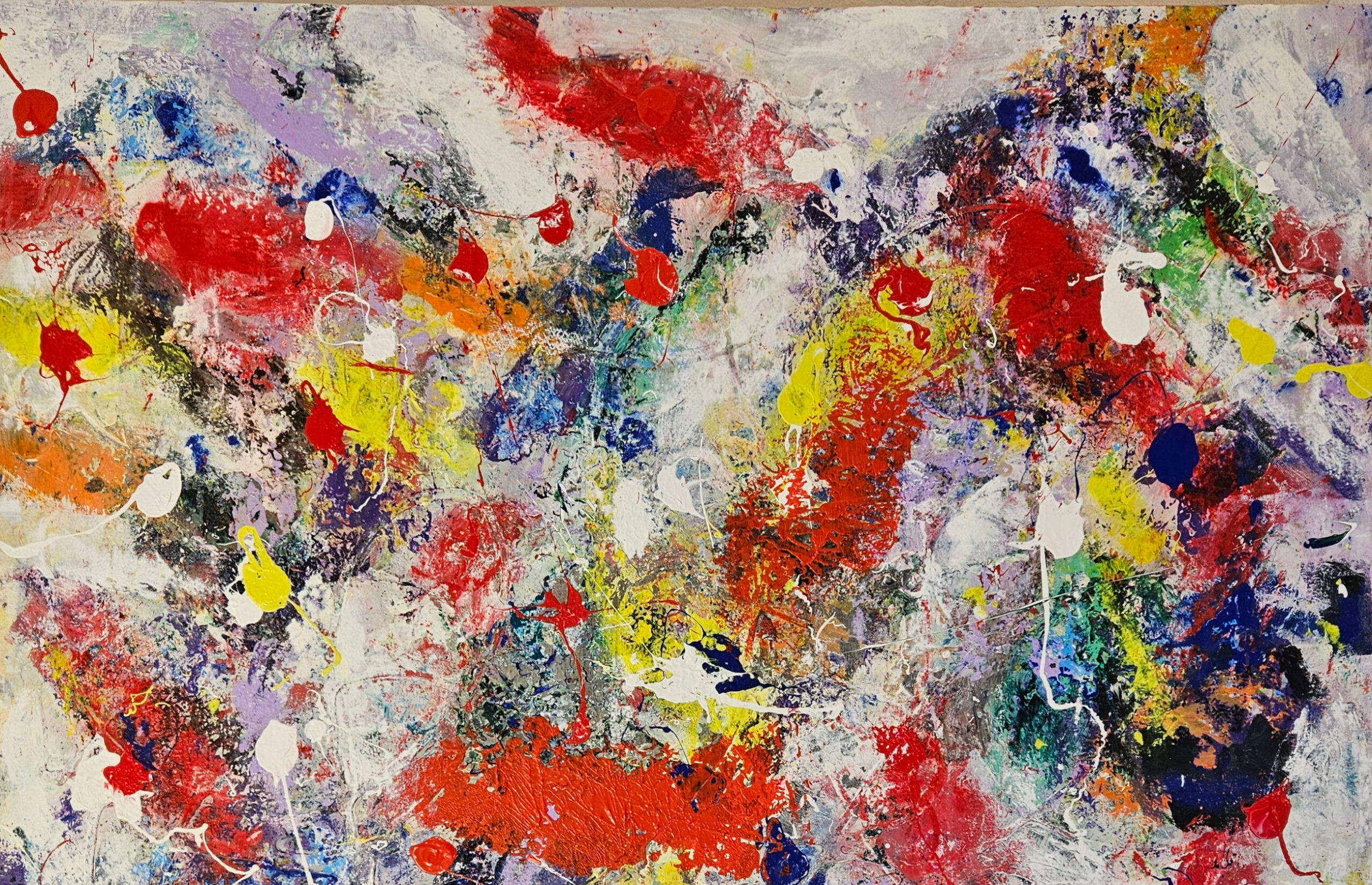 Poissons abstraits jaunes bleus foncés et rouges peinture acrylique sur toile 100x100cm – Image 3