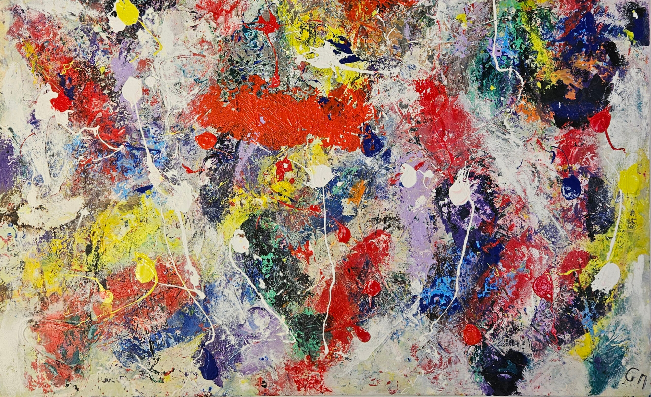 Poissons abstraits jaunes bleus foncés et rouges peinture acrylique sur toile 100x100cm – Image 4