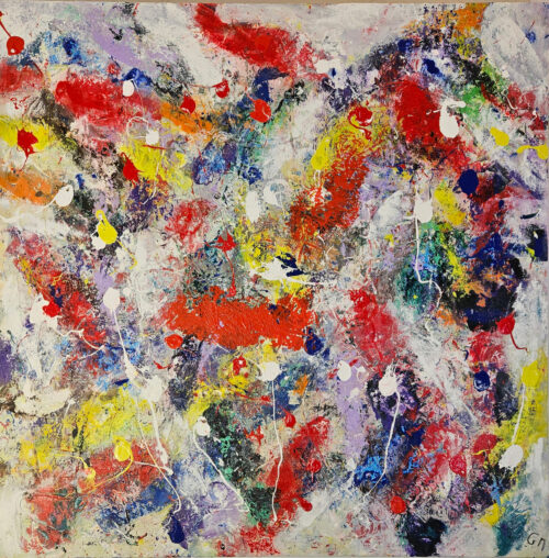 Poissons abstraits jaunes bleus foncés et rouges peinture acrylique sur toile 100x100cm