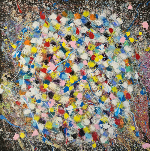 Big Bang abstrait multicolore sur HQM peinture acrylique sur toile 100x100cm