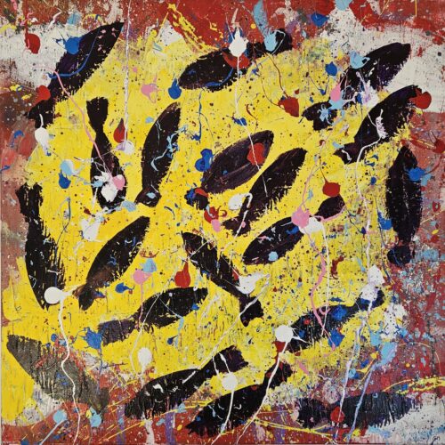 Poissons violets foncés sur poissons blancs, acrylique sur toile 100x100cm