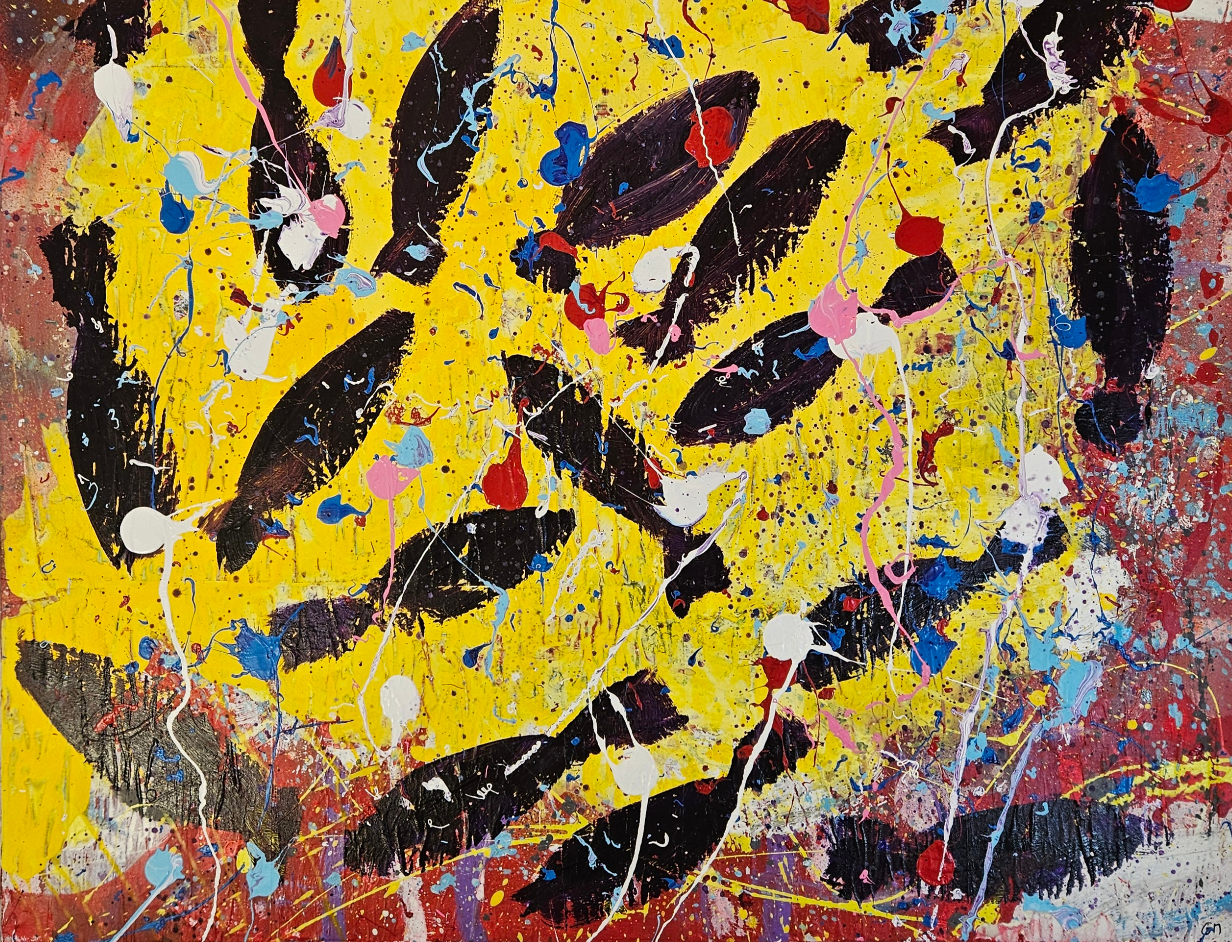 Poissons violets foncés sur poissons blancs, acrylique sur toile 100x100cm – Image 4