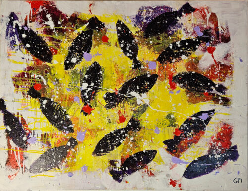 Poissons violets foncés sur fond jaune