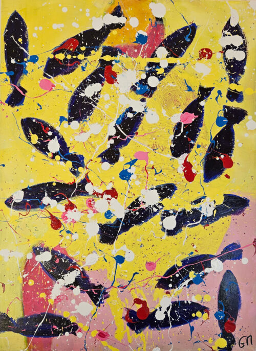 Poissons violets foncés sur femme nue, acrylique sur toile 100x73cm