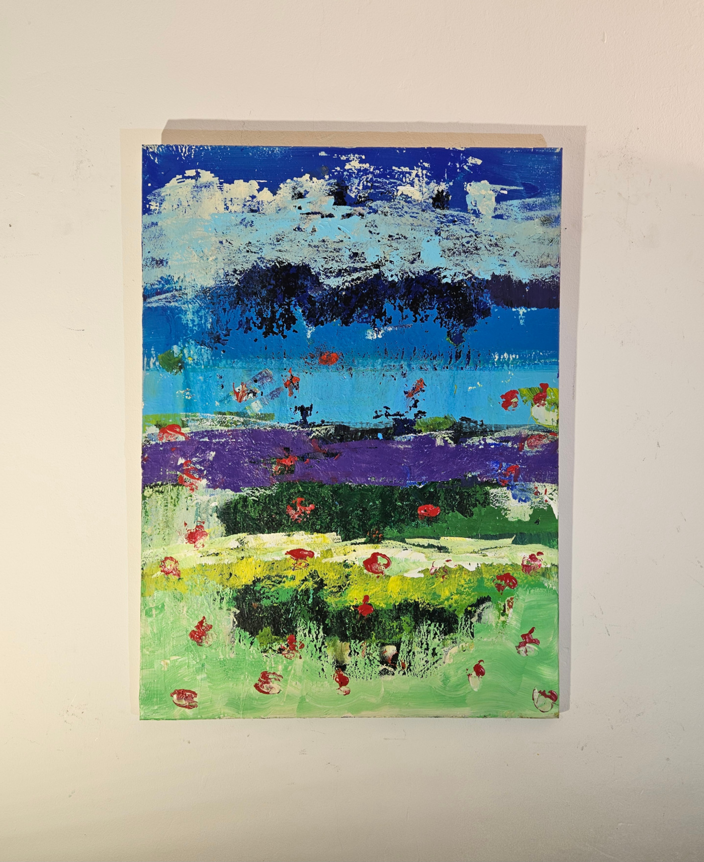 Coquelicots sur fond bleu et vert peinture acrylique abstraite sur toile 100x73x2cm – Image 4