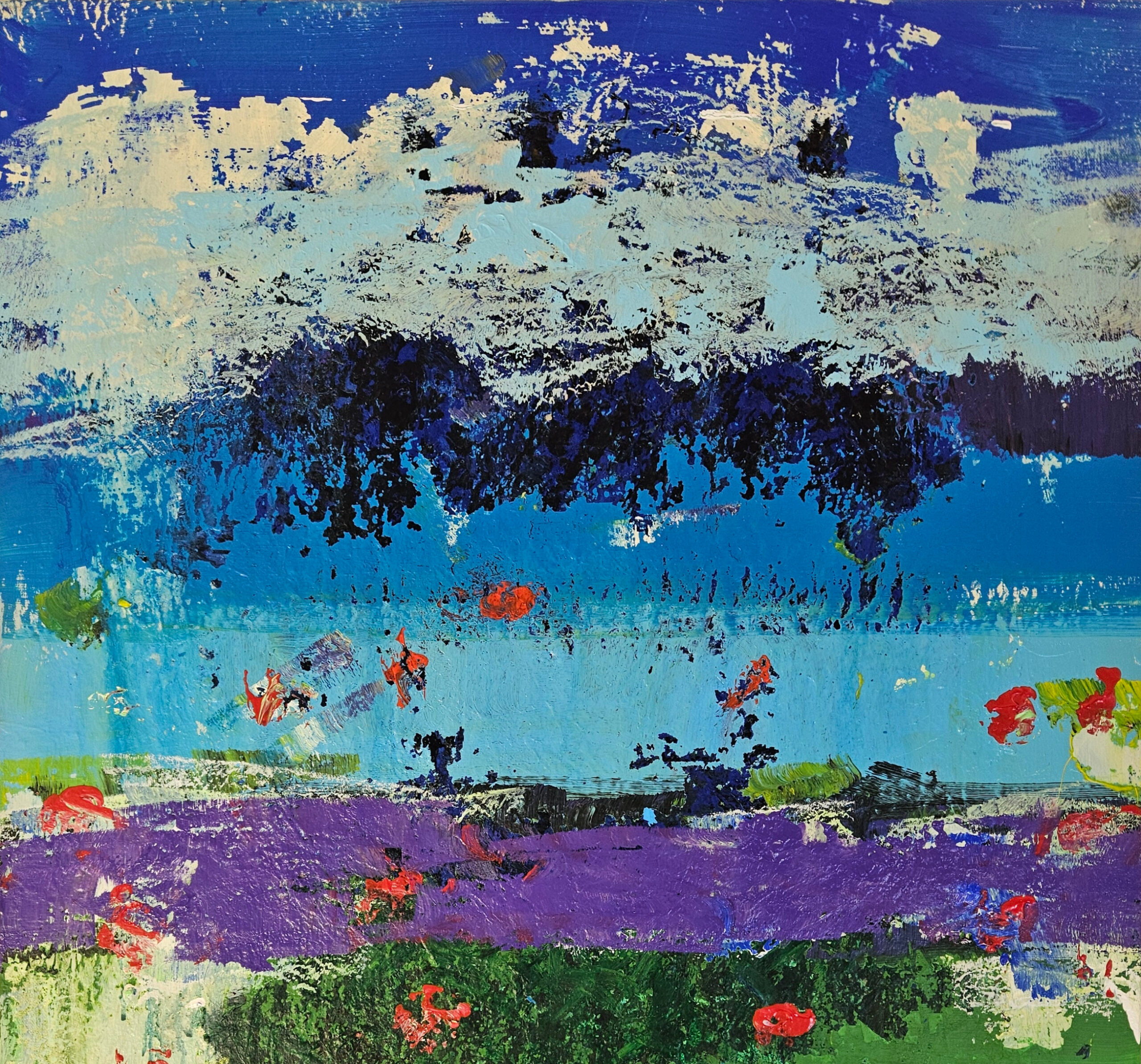 Coquelicots sur fond bleu et vert peinture acrylique abstraite sur toile 100x73x2cm – Image 2